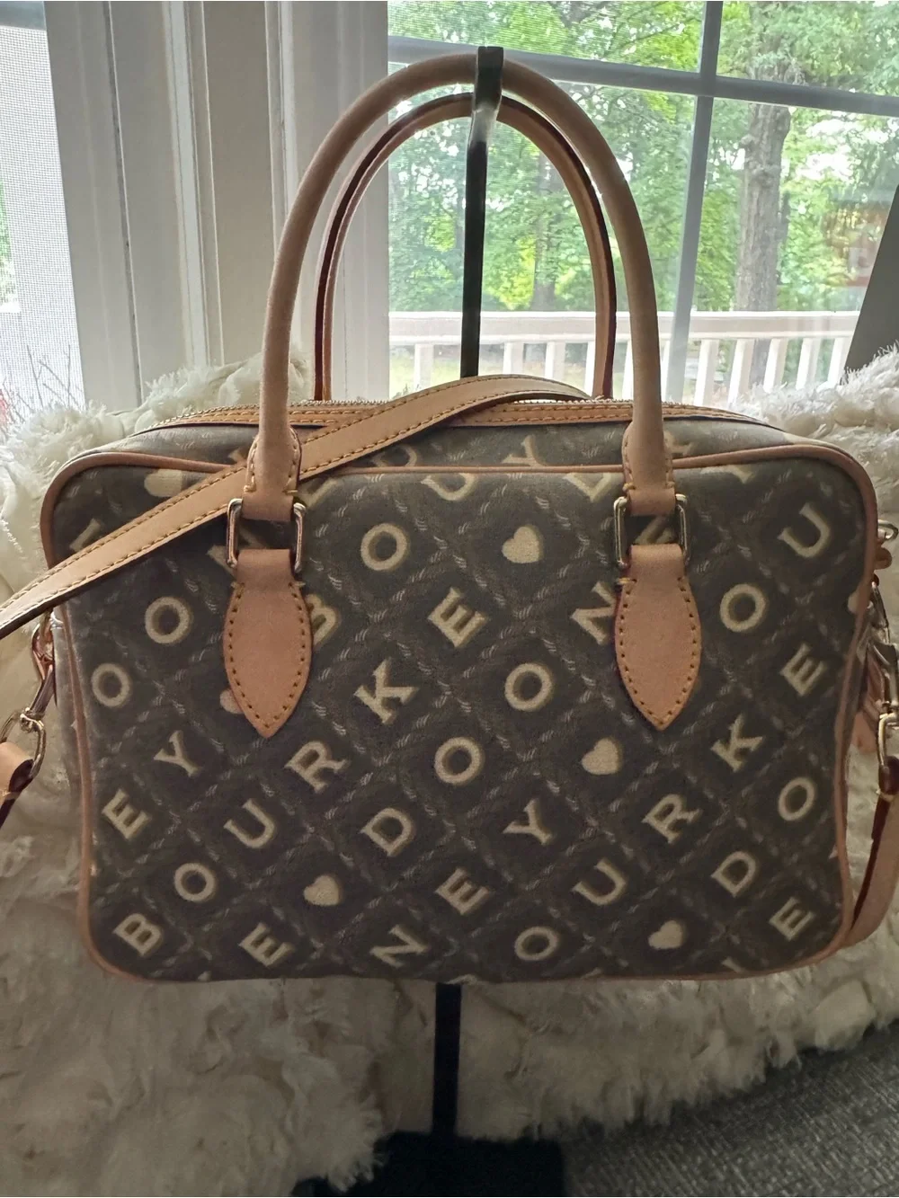 New -Dooney & Bourke Samuela Small Suitcase Satchel Crossbody Brown Monogram EUC